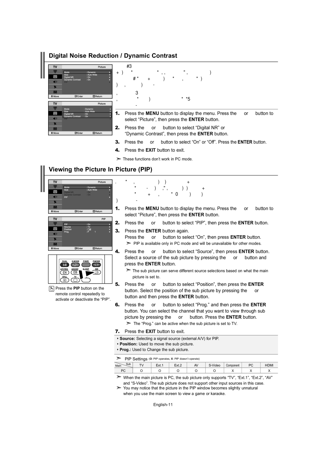 Samsung LE23R7 manual Digital Noise Reduction / Dynamic Contrast, Viewing the Picture In Picture PIP 