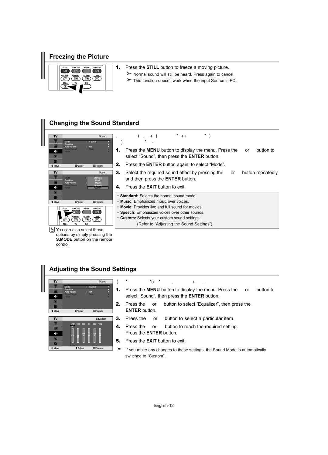 Samsung LE23R7 manual Freezing the Picture, Changing the Sound Standard, Adjusting the Sound Settings 