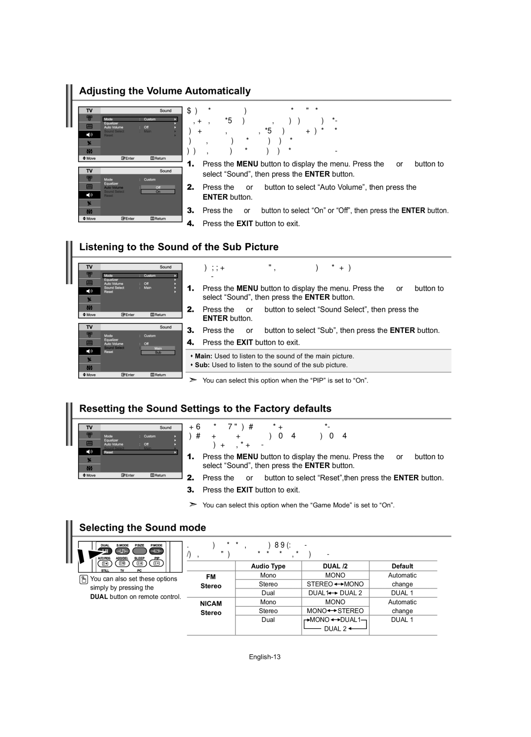 Samsung LE23R7 Adjusting the Volume Automatically, Listening to the Sound of the Sub Picture, Selecting the Sound mode 