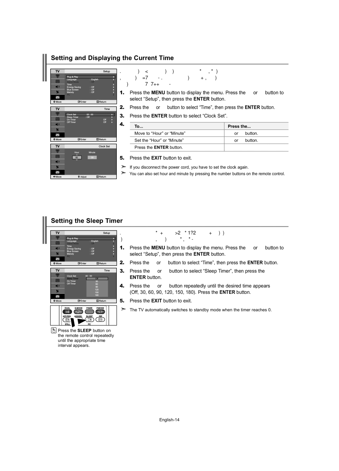 Samsung LE23R7 manual Setting and Displaying the Current Time, Setting the Sleep Timer, Press 