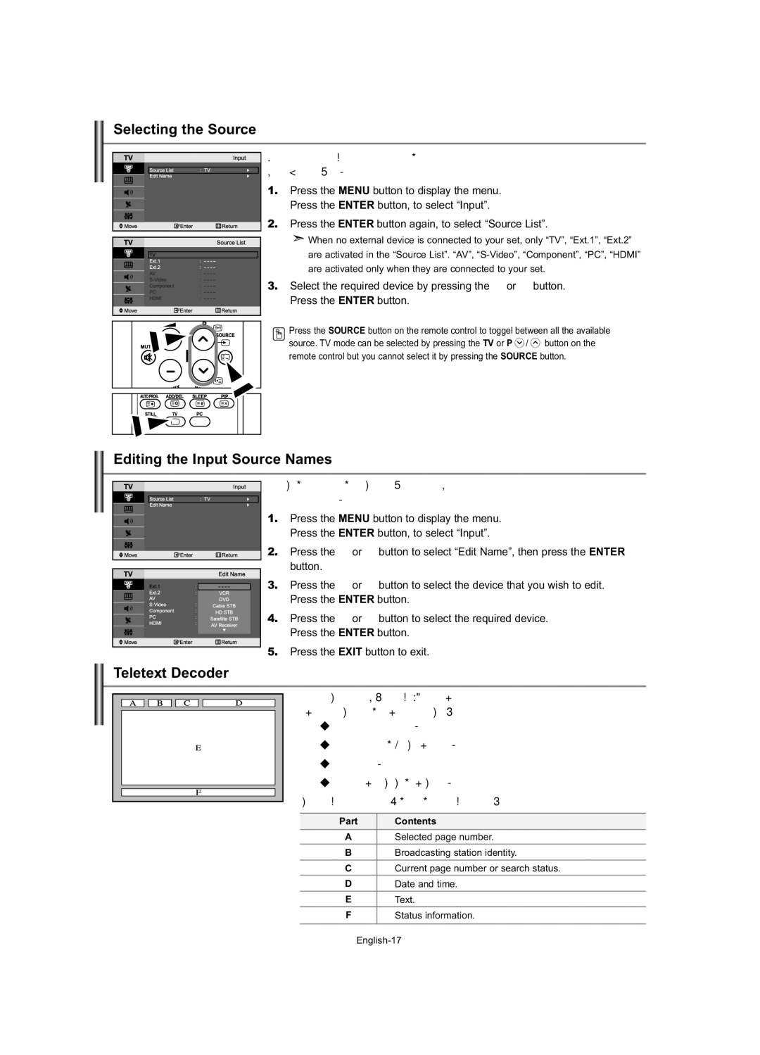 Samsung LE23R7 manual Selecting the Source, Editing the Input Source Names, Teletext Decoder, Part Contents 