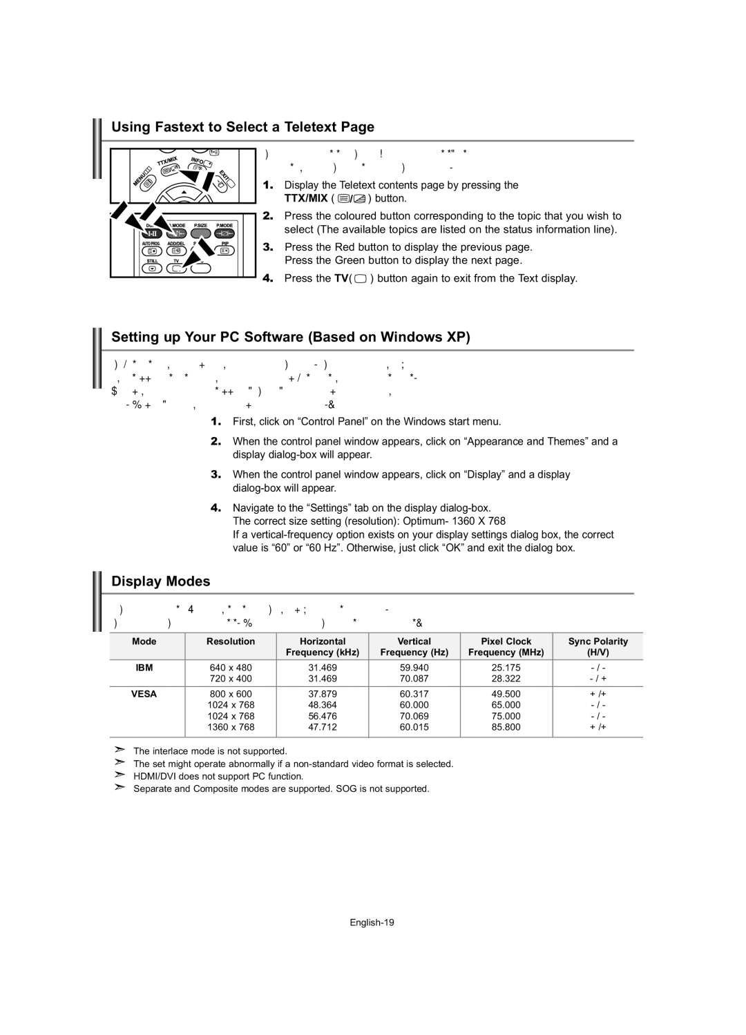 Samsung LE23R7 manual Using Fastext to Select a Teletext, Setting up Your PC Software Based on Windows XP, Display Modes 