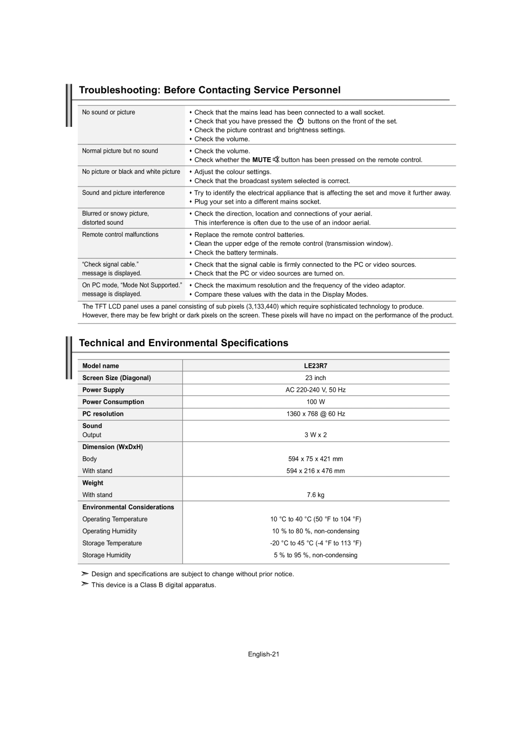 Samsung LE23R7 manual Troubleshooting Before Contacting Service Personnel, Technical and Environmental Specifications 