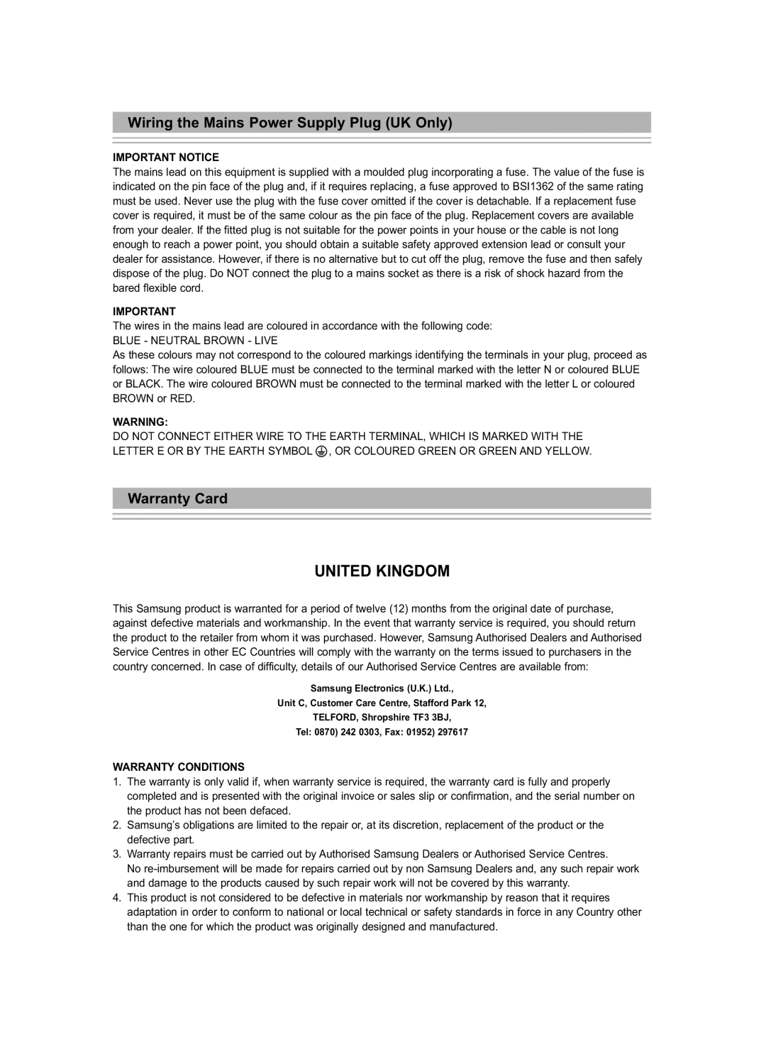 Samsung LE23R7 manual Wiring the Mains Power Supply Plug UK Only, Warranty Card 