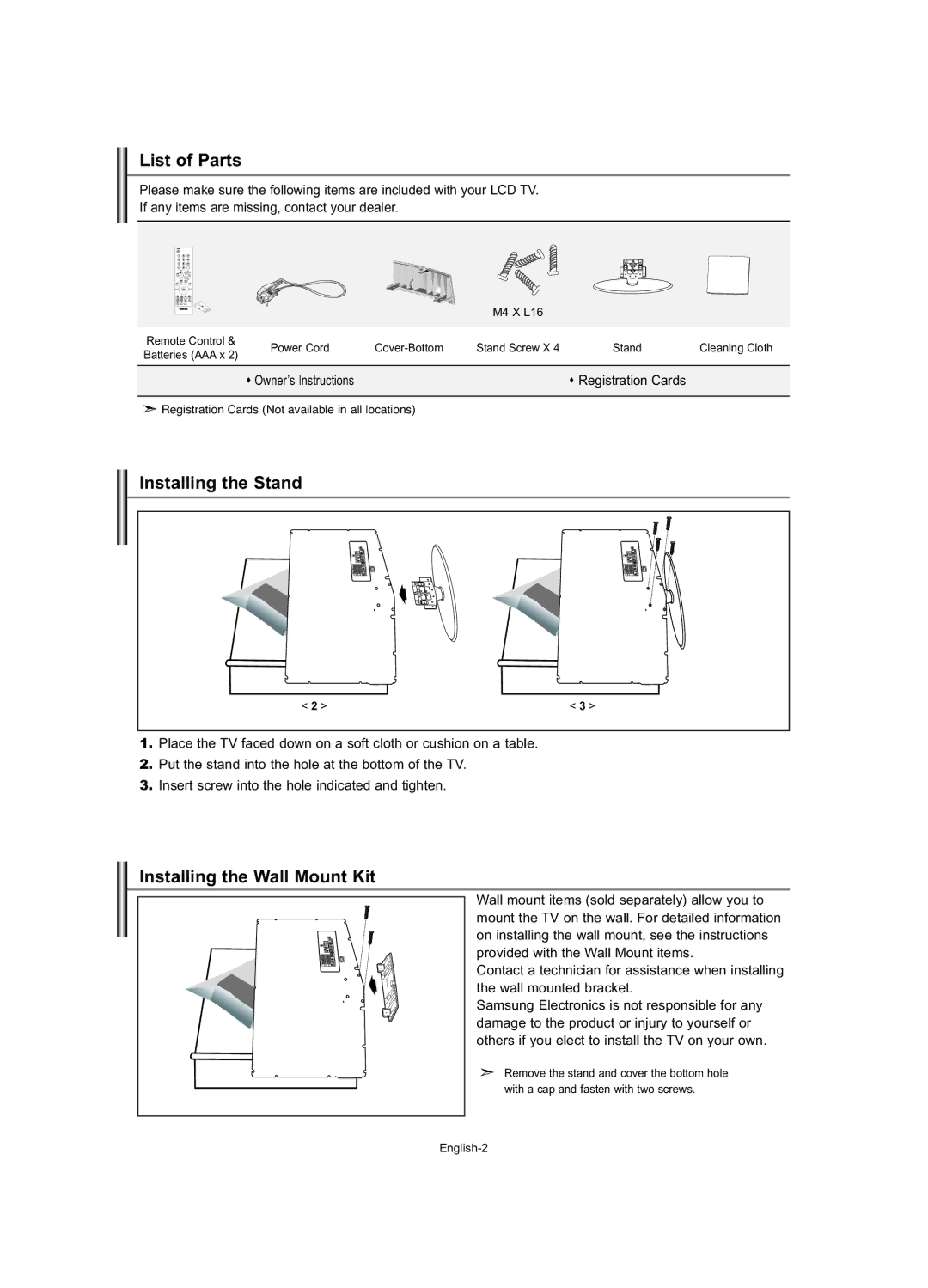 Samsung LE23R7 manual List of Parts, Installing the Stand, Installing the Wall Mount Kit, Registration Cards 