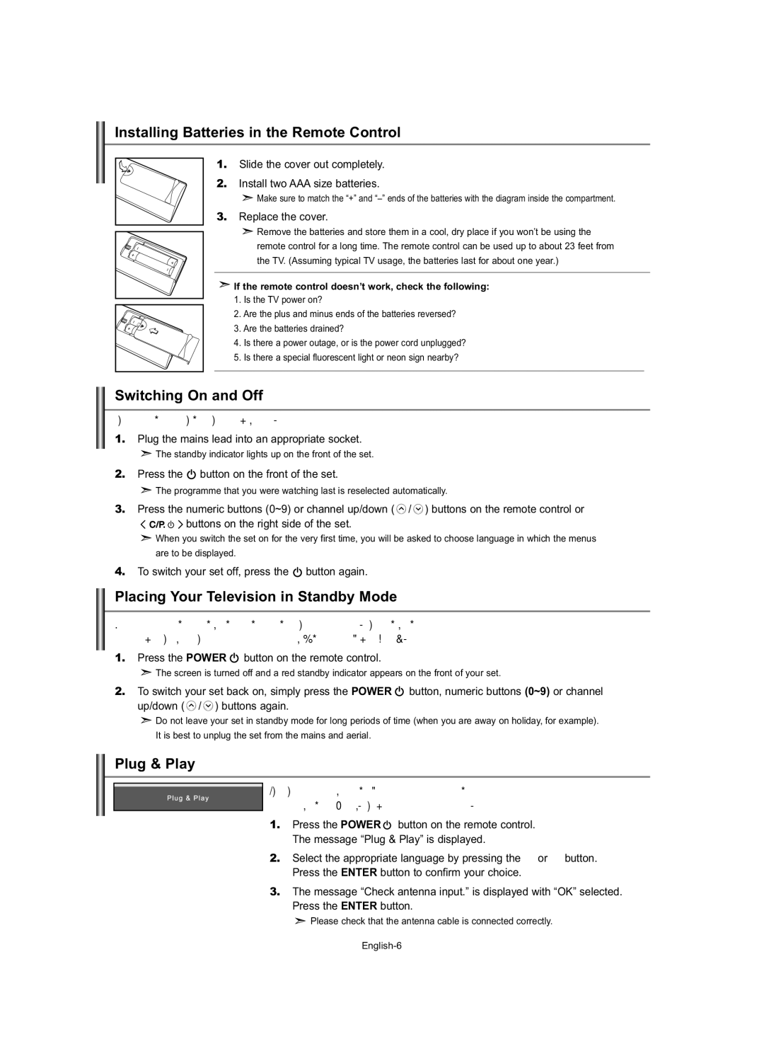 Samsung LE23R7 Installing Batteries in the Remote Control, Switching On and Off, Placing Your Television in Standby Mode 