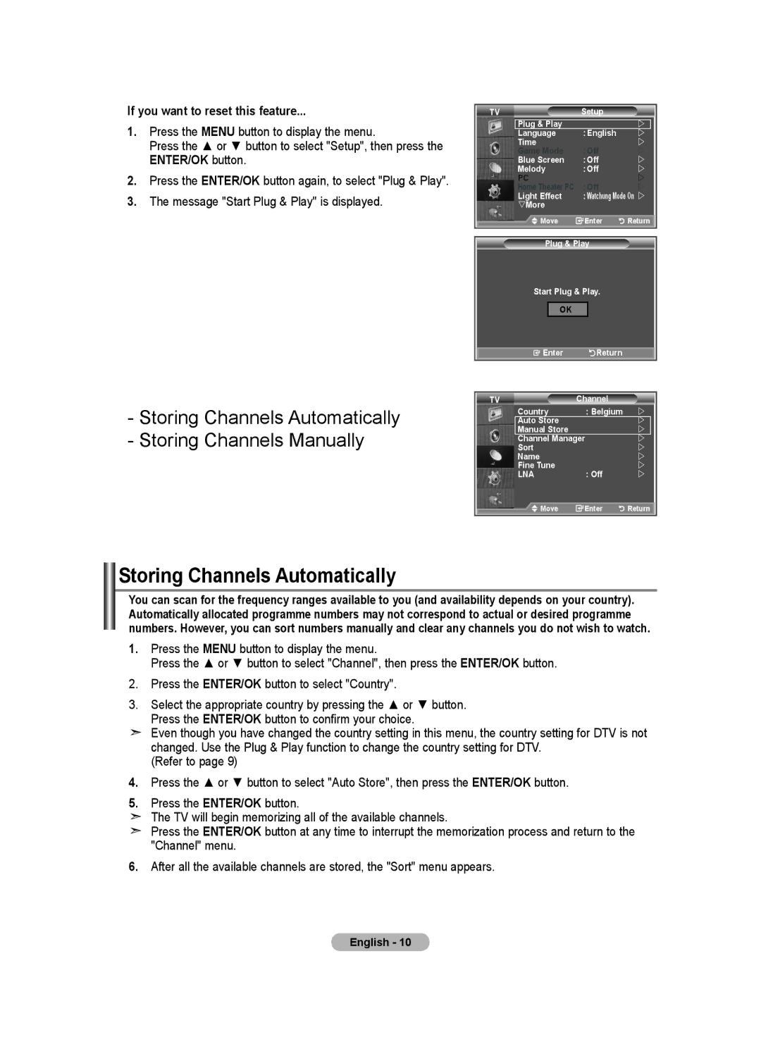 Samsung LE23R8 Storing Channels Automatically, If you want to reset this feature, Message Start Plug & Play is displayed 