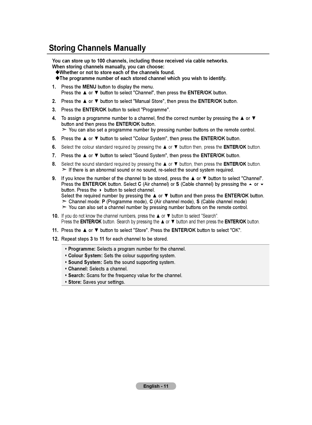 Samsung LE26R8, LE23R8 manual Storing Channels Manually 