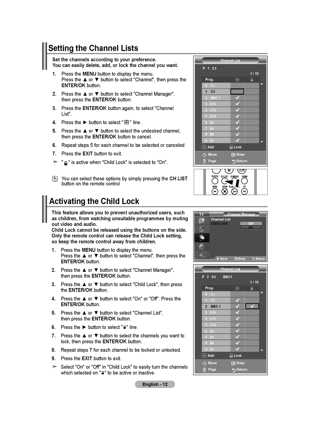 Samsung LE23R8, LE26R8 manual Setting the Channel Lists, Activating the Child Lock 