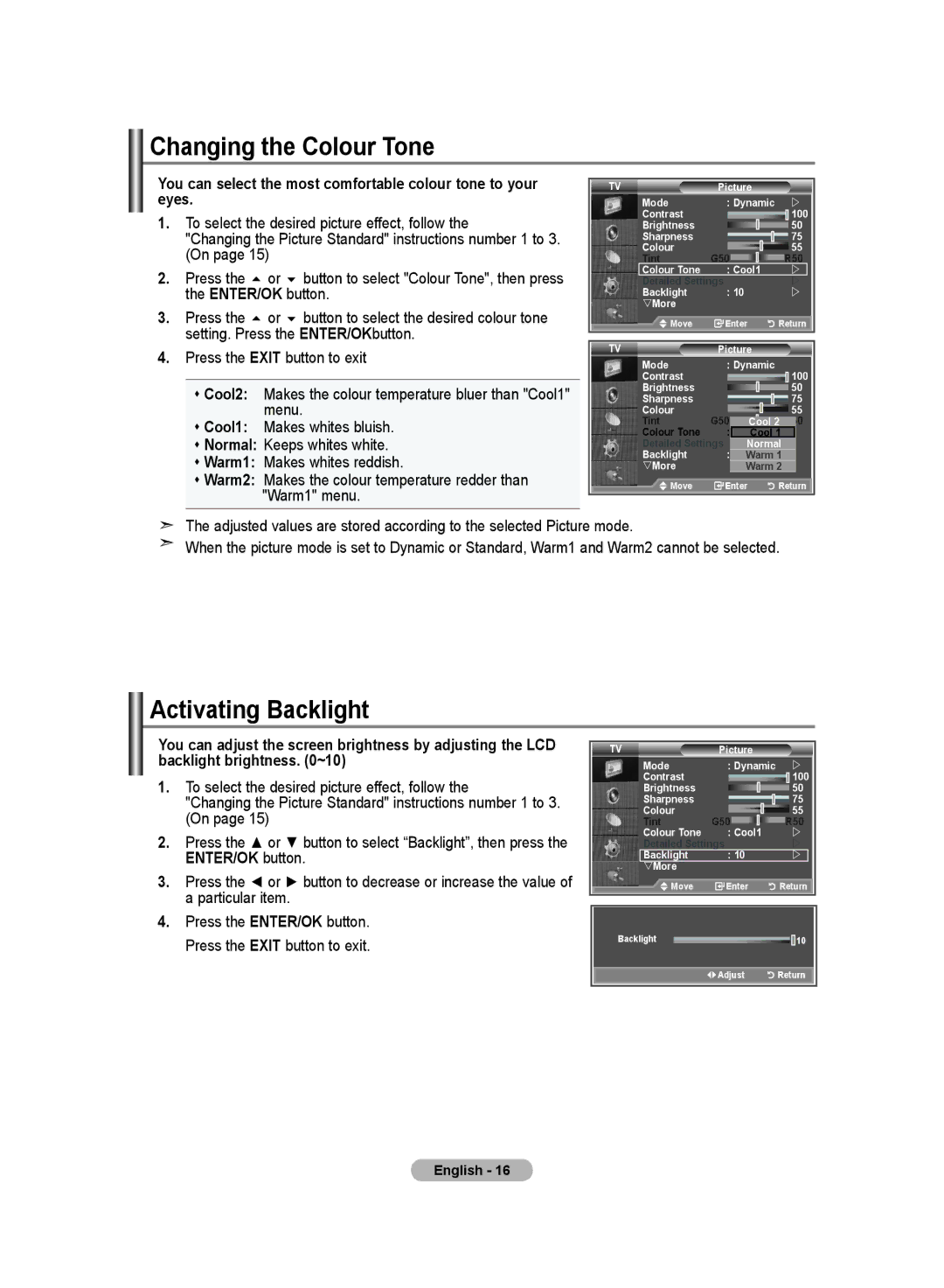 Samsung LE23R8, LE26R8 manual Changing the Colour Tone, Activating Backlight, ENTER/OK button 