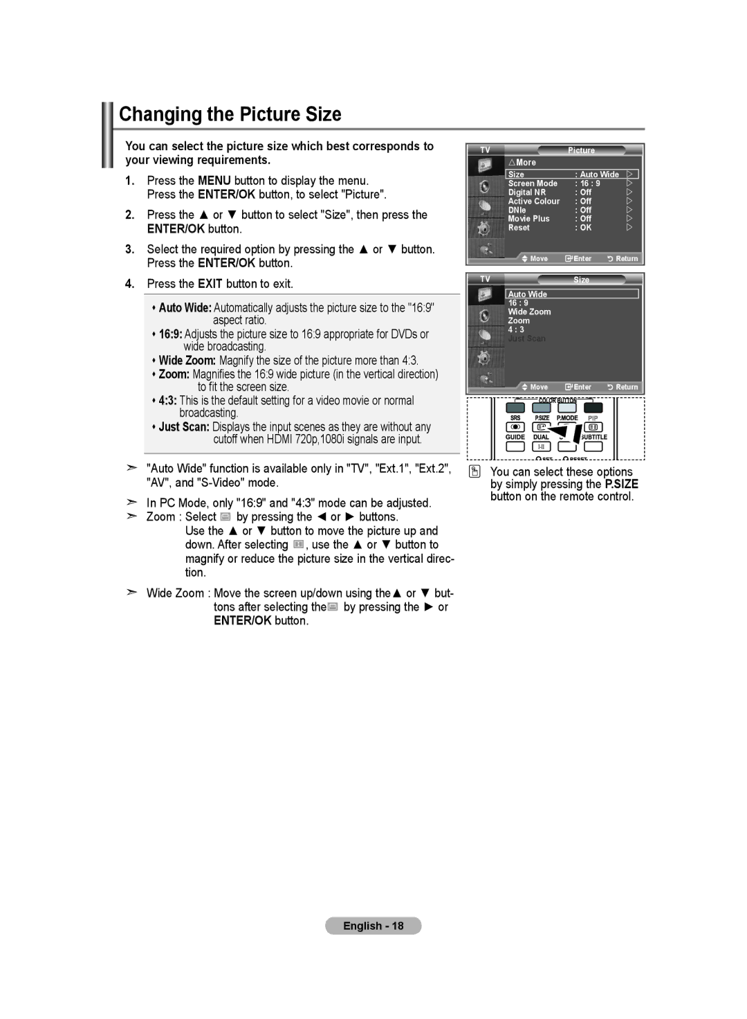 Samsung LE23R8, LE26R8 manual Changing the Picture Size, Press the or button to select Size, then press 