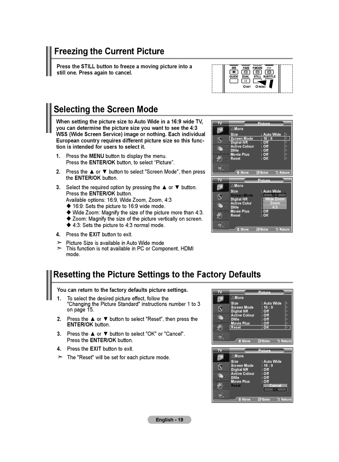 Samsung LE26R8, LE23R8 manual Freezing the Current Picture, Selecting the Screen Mode 