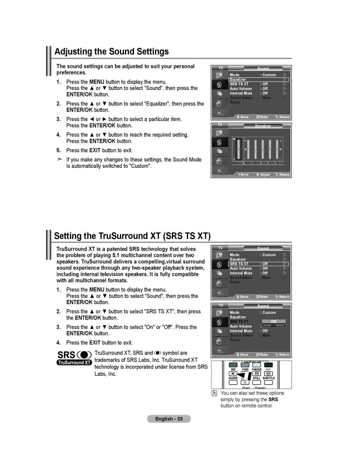 Samsung LE26R8, LE23R8 manual Adjusting the Sound Settings, Setting the TruSurround XT SRS TS XT 