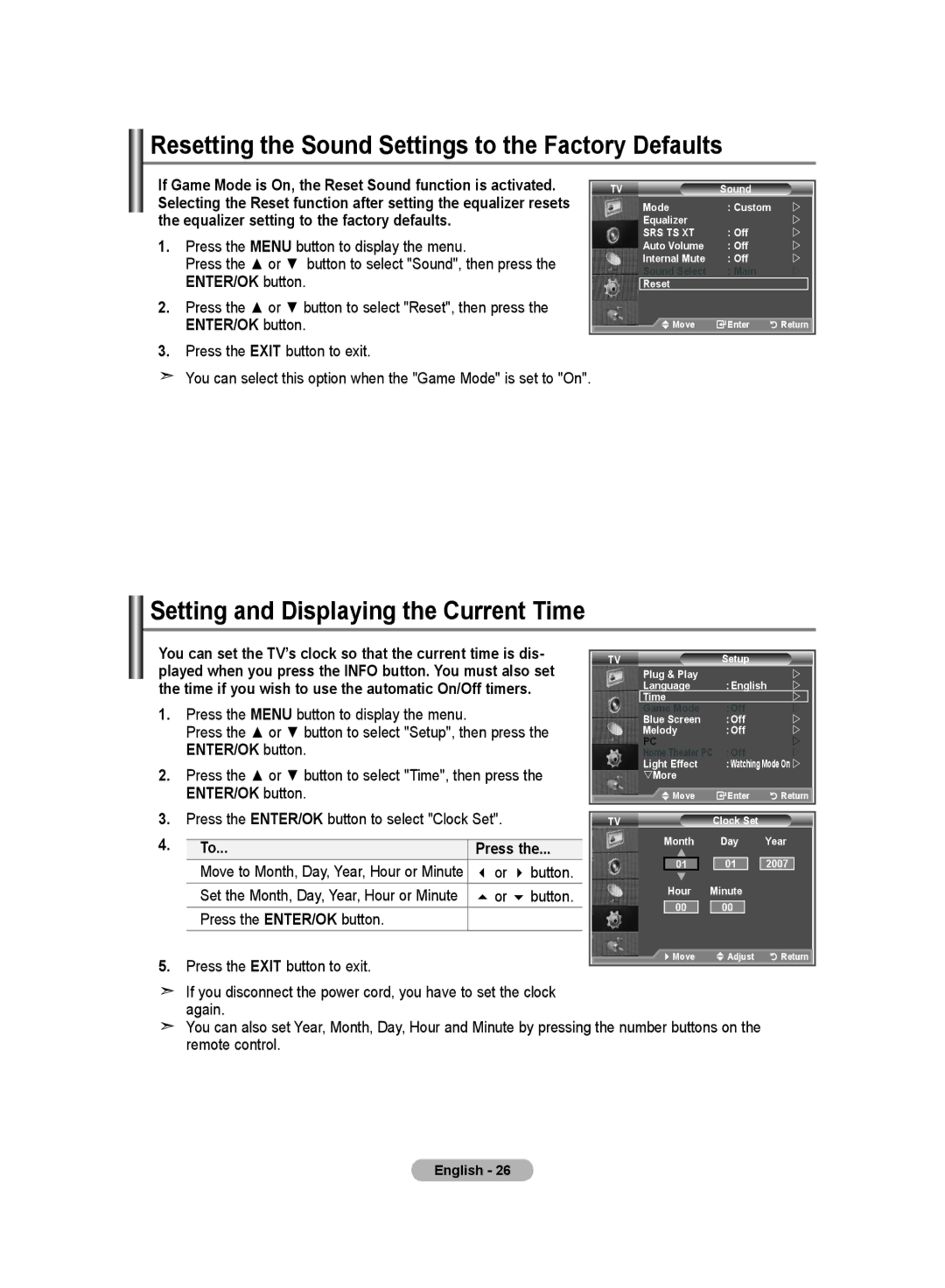 Samsung LE23R8 manual Resetting the Sound Settings to the Factory Defaults, Setting and Displaying the Current Time, Press 