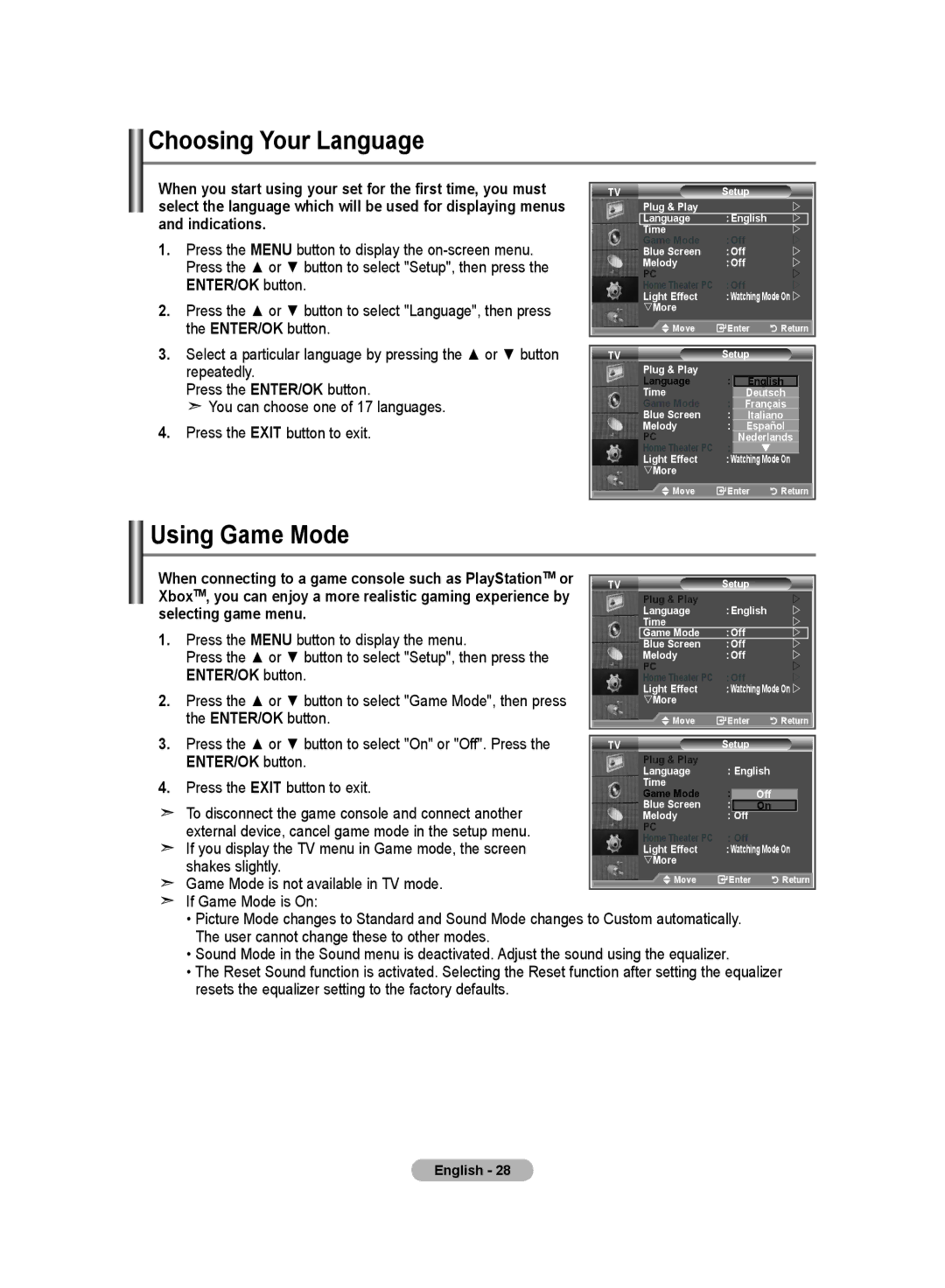 Samsung LE23R8, LE26R8 manual Choosing Your Language, Press the Menu button to display the on-screen menu 