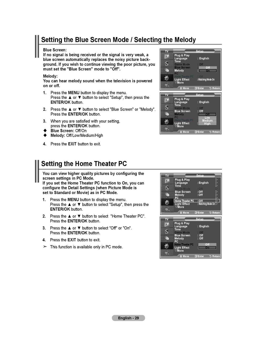 Samsung LE26R8 Setting the Blue Screen Mode / Selecting the Melody, Setting the Home Theater PC,  Blue Screen Off/On 