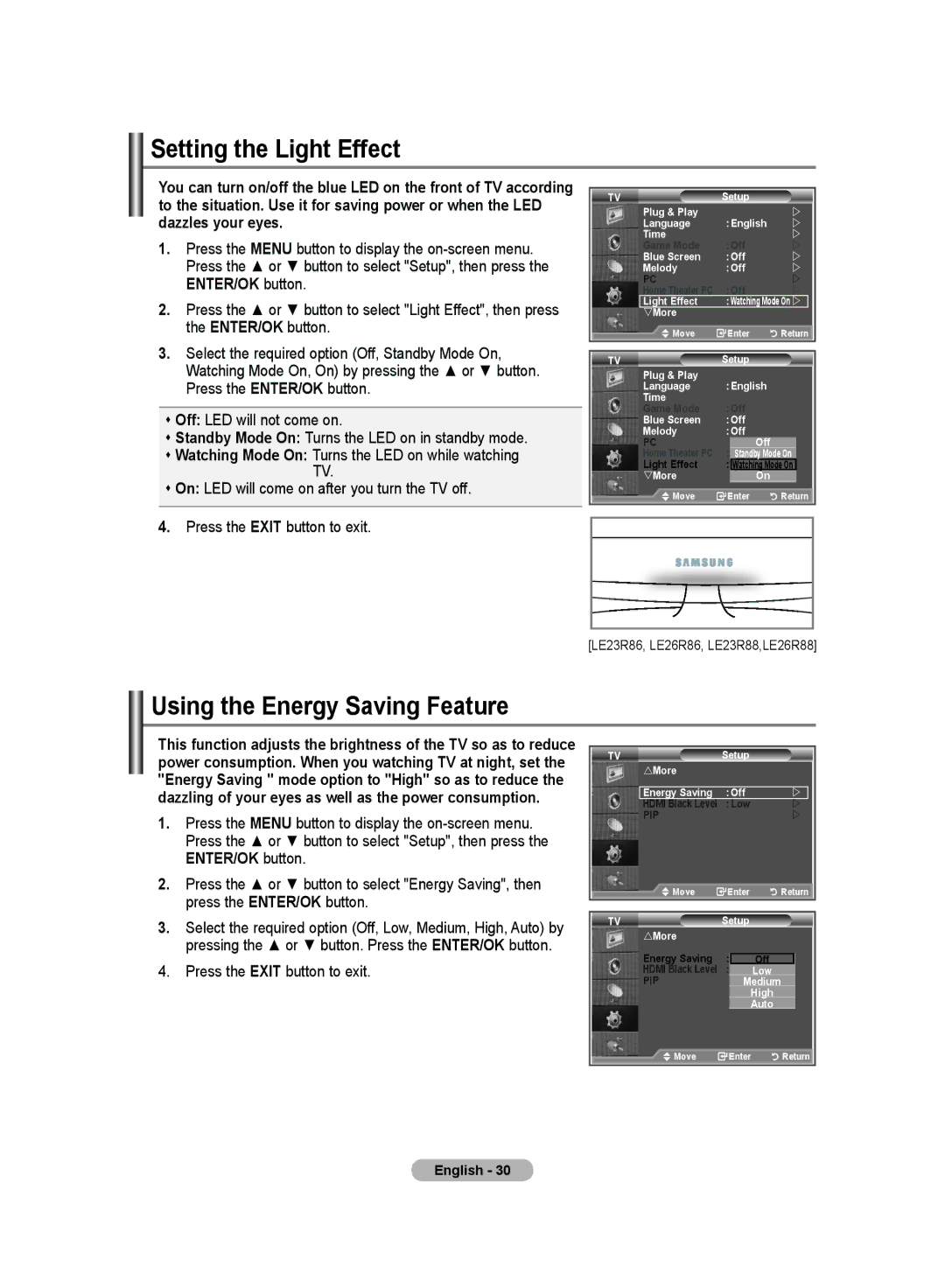 Samsung LE23R8, LE26R8 manual Setting the Light Effect, Using the Energy Saving Feature 