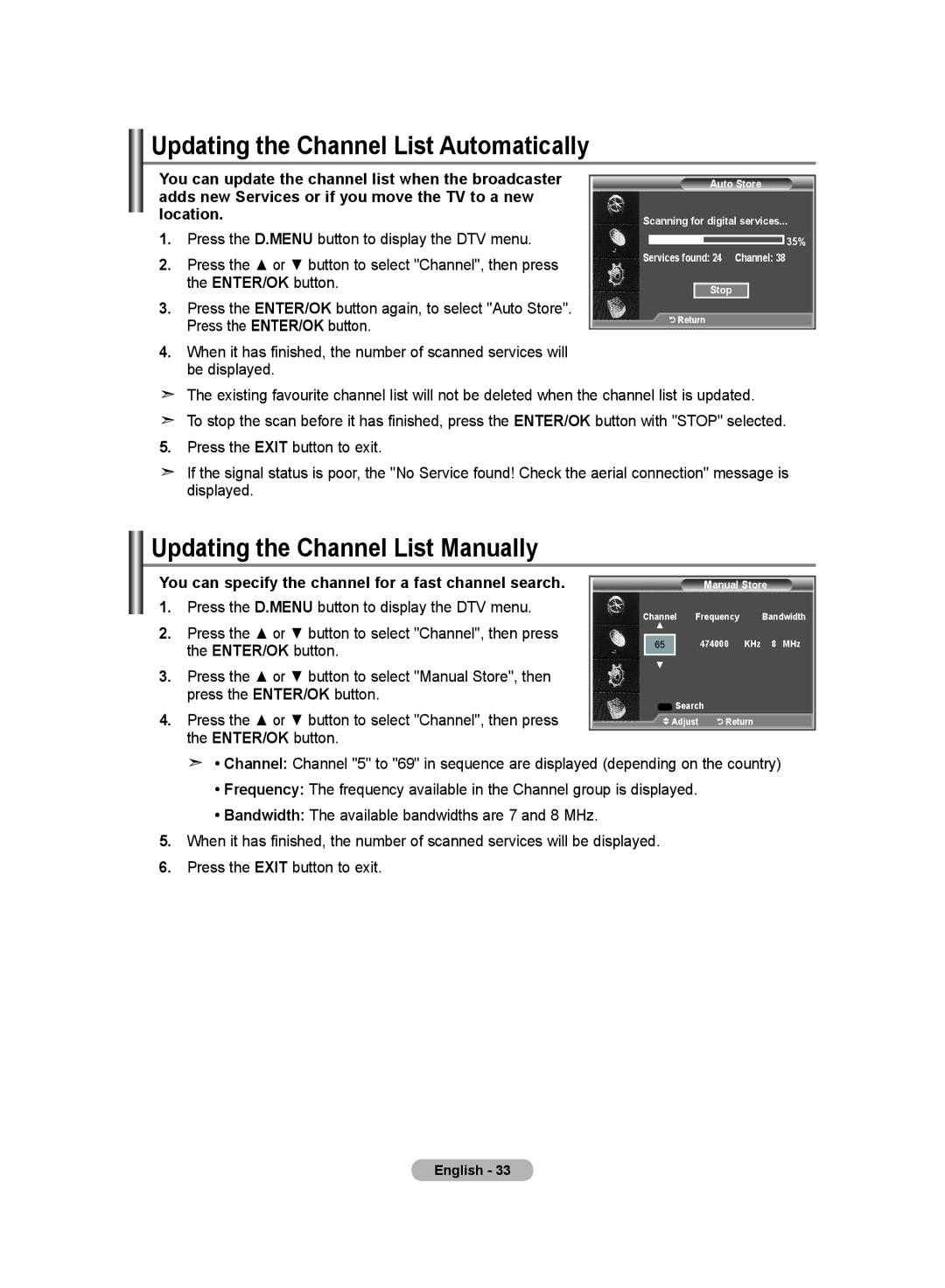 Samsung LE26R8, LE23R8 manual Updating the Channel List Automatically, Updating the Channel List Manually, ENTER/OK button 