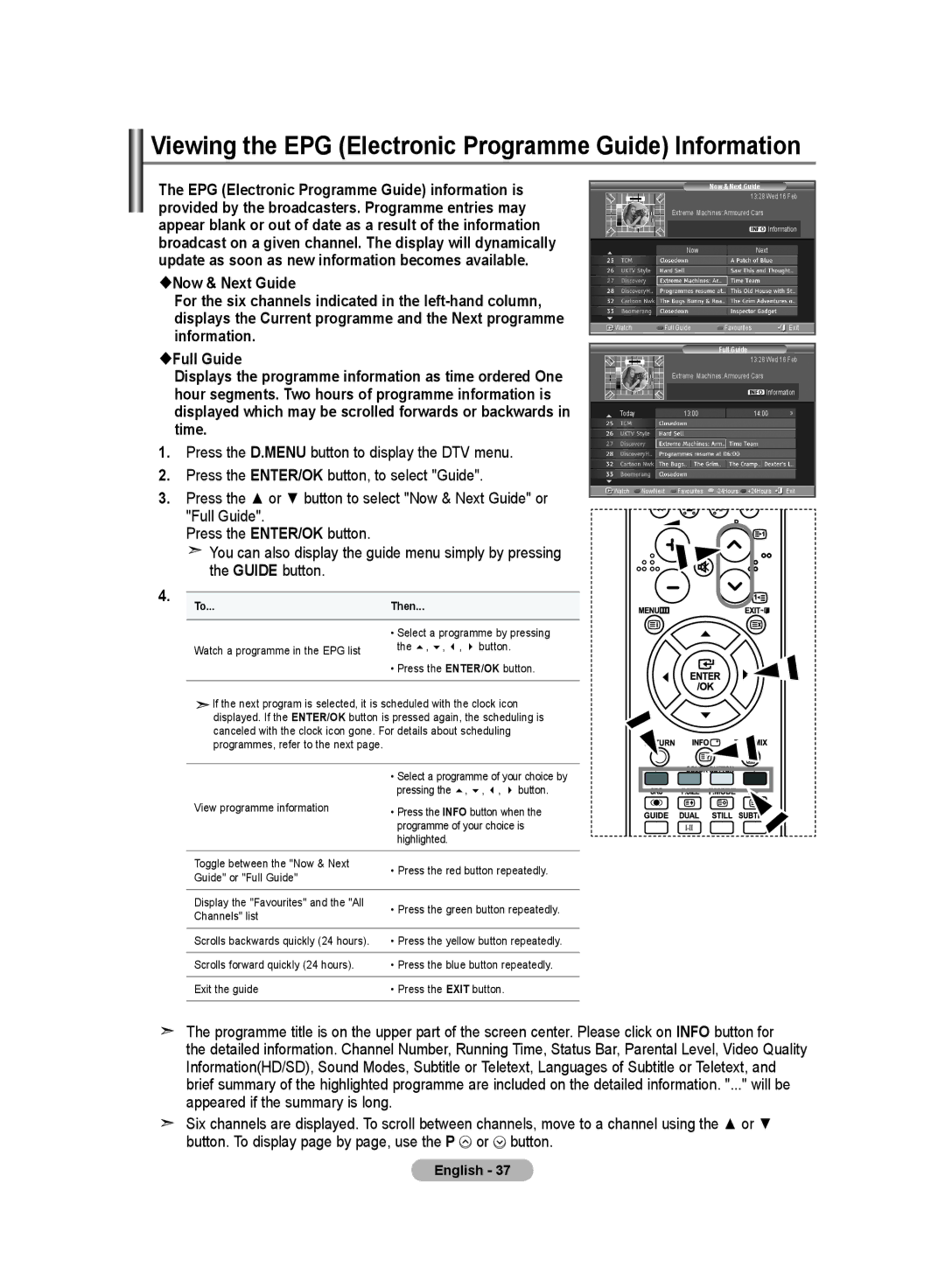 Samsung LE26R8, LE23R8 manual Viewing the EPG Electronic Programme Guide Information, Full Guide 