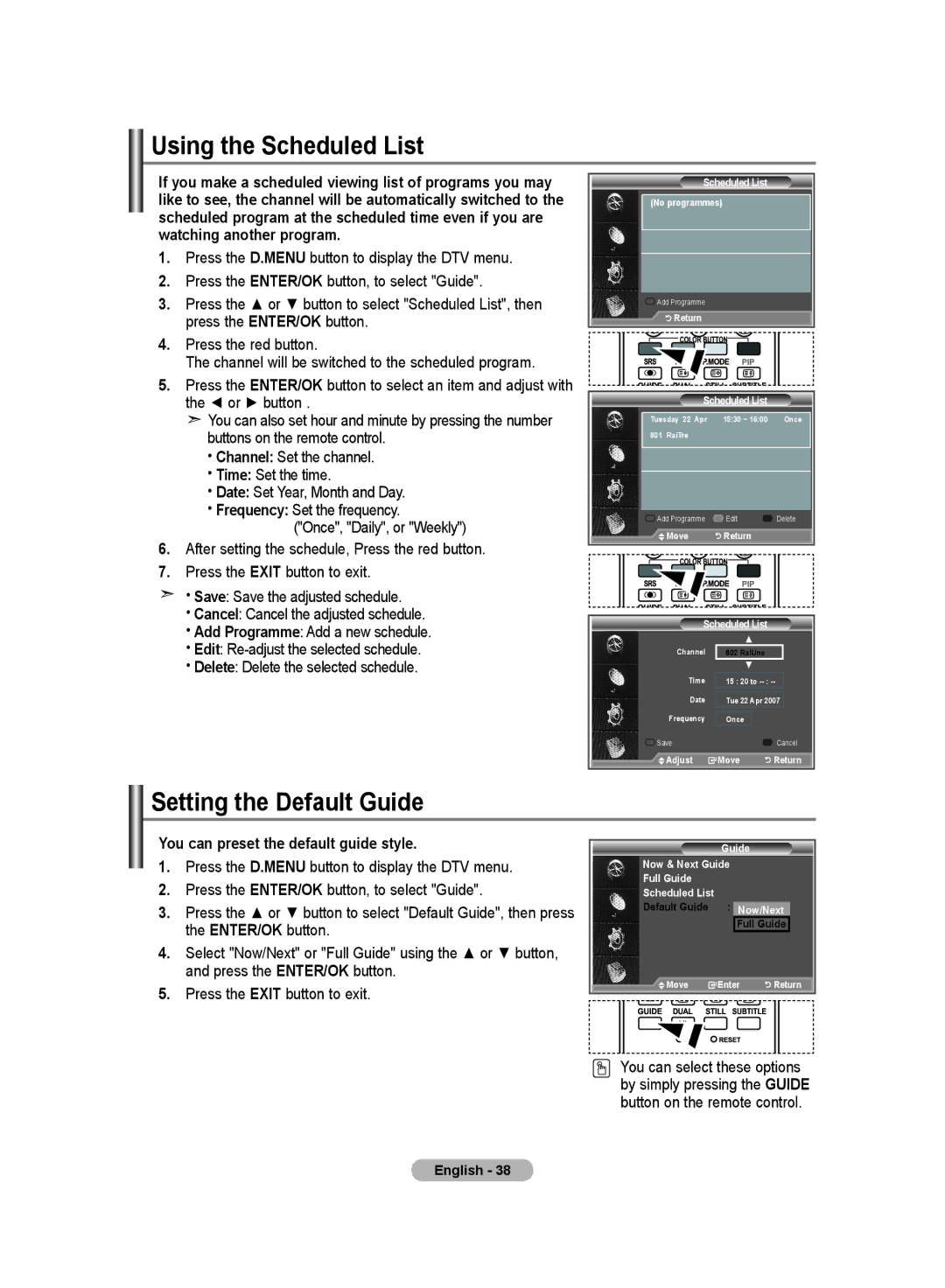 Samsung LE23R8, LE26R8 manual Using the Scheduled List, Setting the Default Guide, You can preset the default guide style 