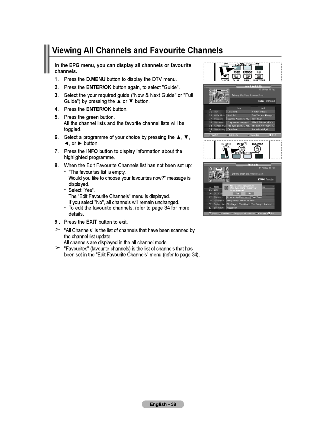 Samsung LE26R8 Viewing All Channels and Favourite Channels, EPG menu, you can display all channels or favourite channels 