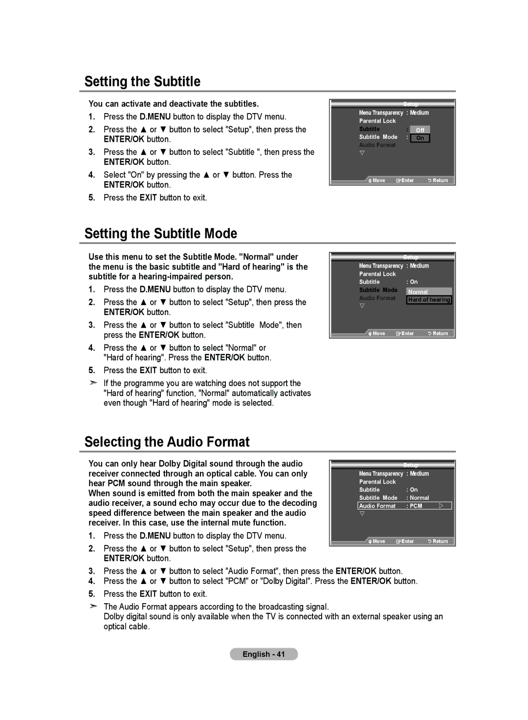 Samsung LE26R8 Setting the Subtitle Mode, Selecting the Audio Format, You can activate and deactivate the subtitles 