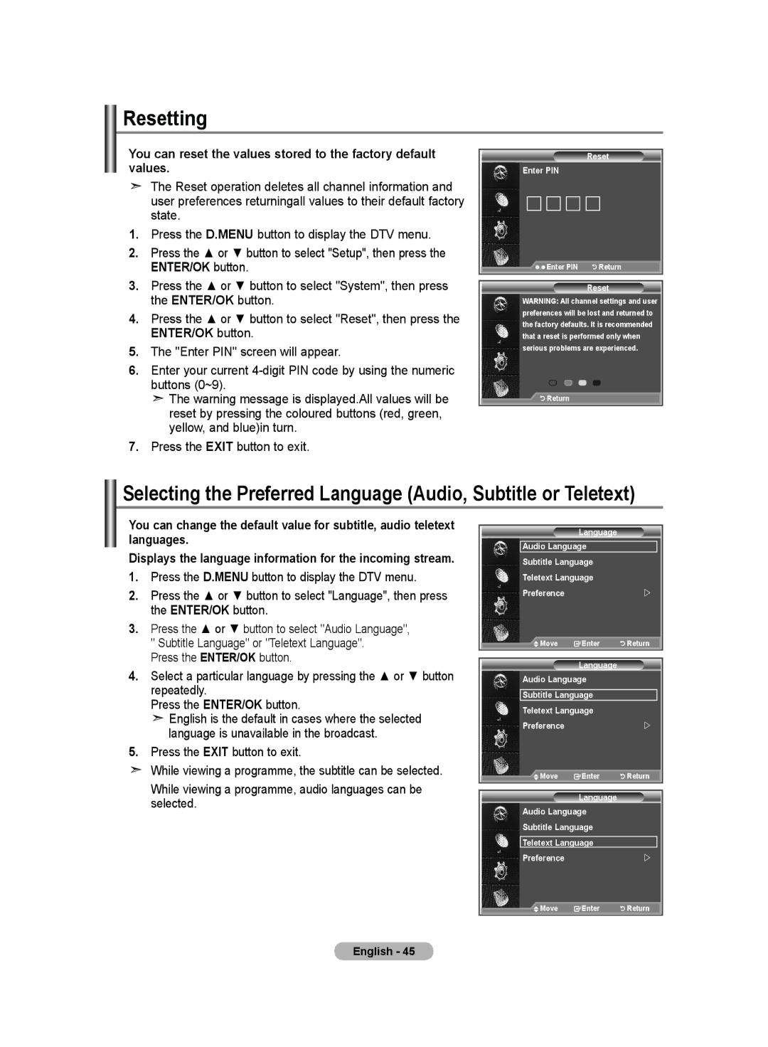 Samsung LE26R8, LE23R8 manual Resetting, Selecting the Preferred Language Audio, Subtitle or Teletext 