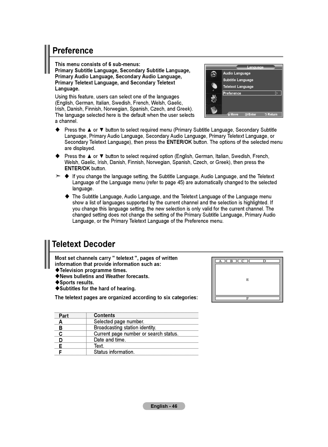 Samsung LE23R8, LE26R8 manual Preference, Teletext Decoder 