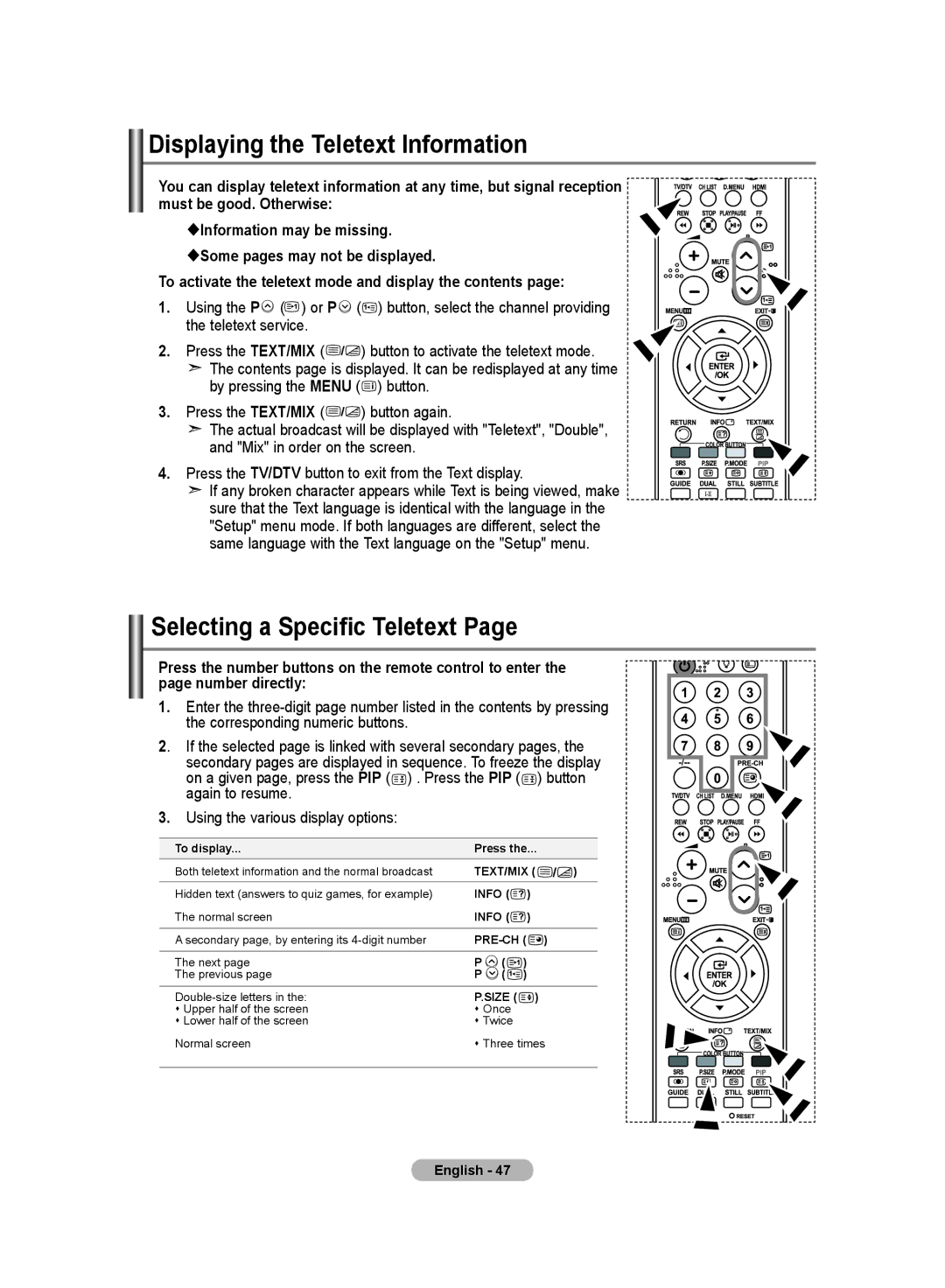 Samsung LE26R8, LE23R8 manual Displaying the Teletext Information, Selecting a Specific Teletext, Press the TEXT/MIX, Button 