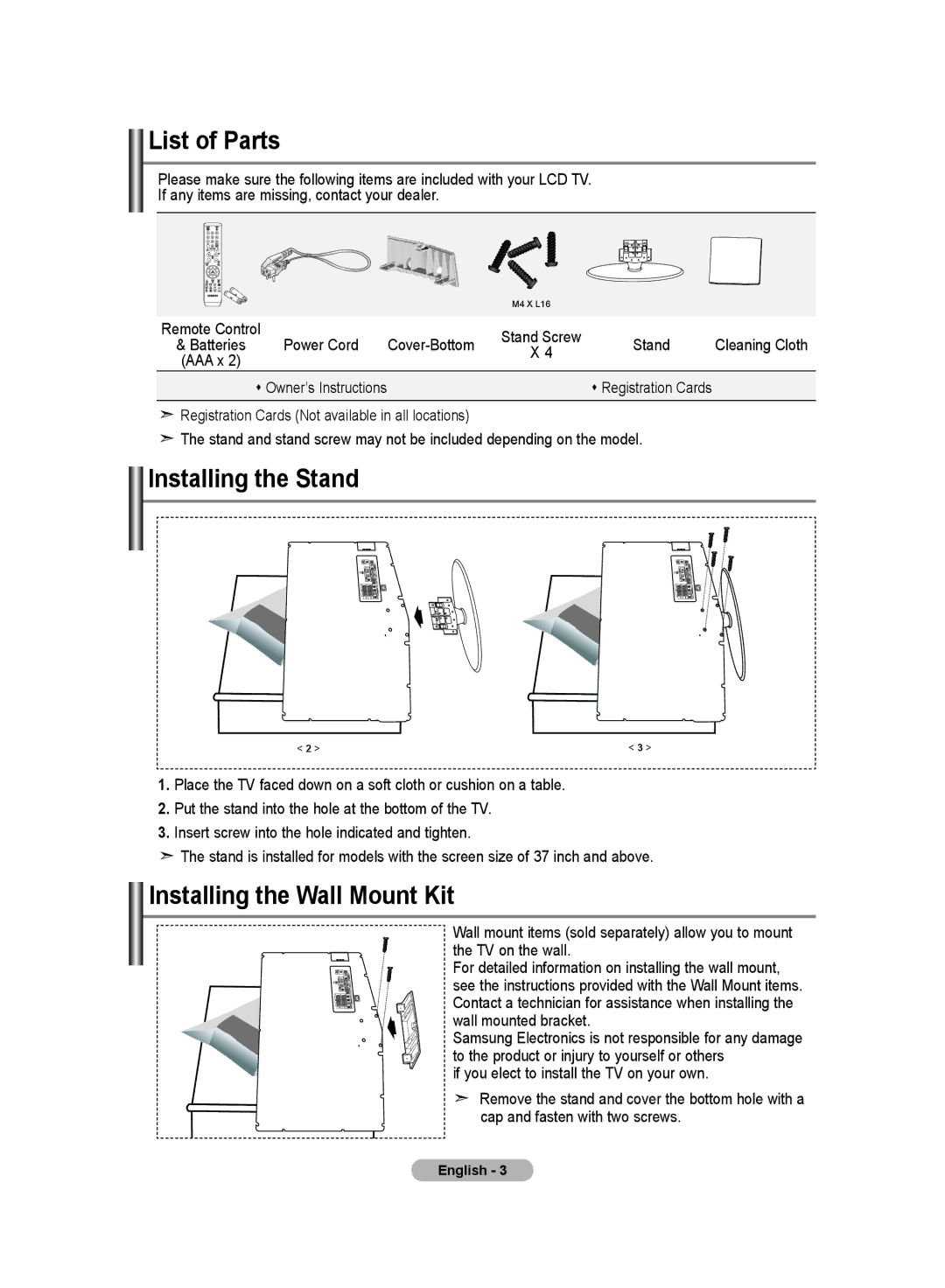 Samsung LE26R8, LE23R8 manual List of Parts, Installing the Stand, Installing the Wall Mount Kit, Cover-Bottom 