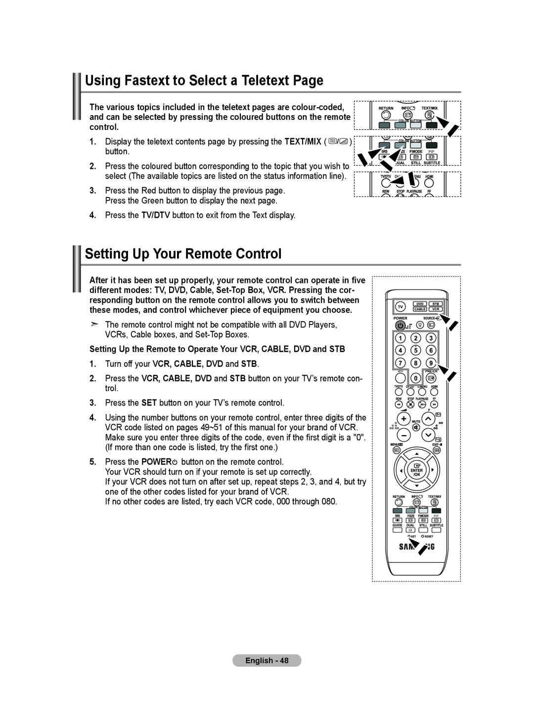 Samsung LE23R8, LE26R8 manual Using Fastext to Select a Teletext, Setting Up Your Remote Control 