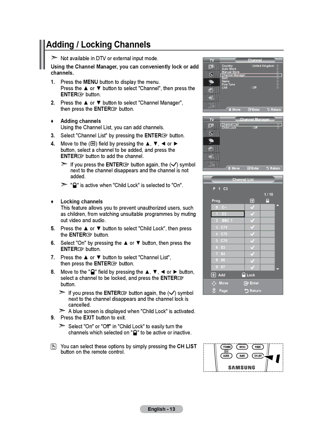 Samsung LE26A346 user manual Adding / Locking Channels, Adding channels, Locking channels 