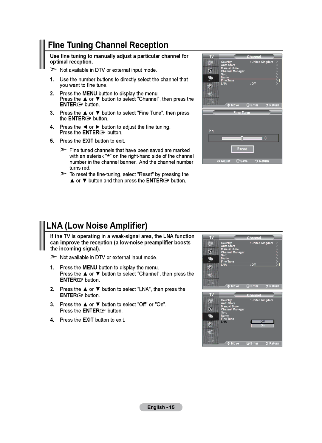 Samsung LE26A346 user manual Fine Tuning Channel Reception, LNA Low Noise Amplifier 