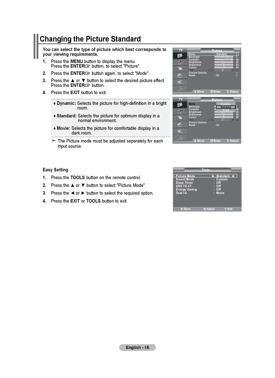 Samsung LE26A346 user manual Changing the Picture Standard, Easy Setting 