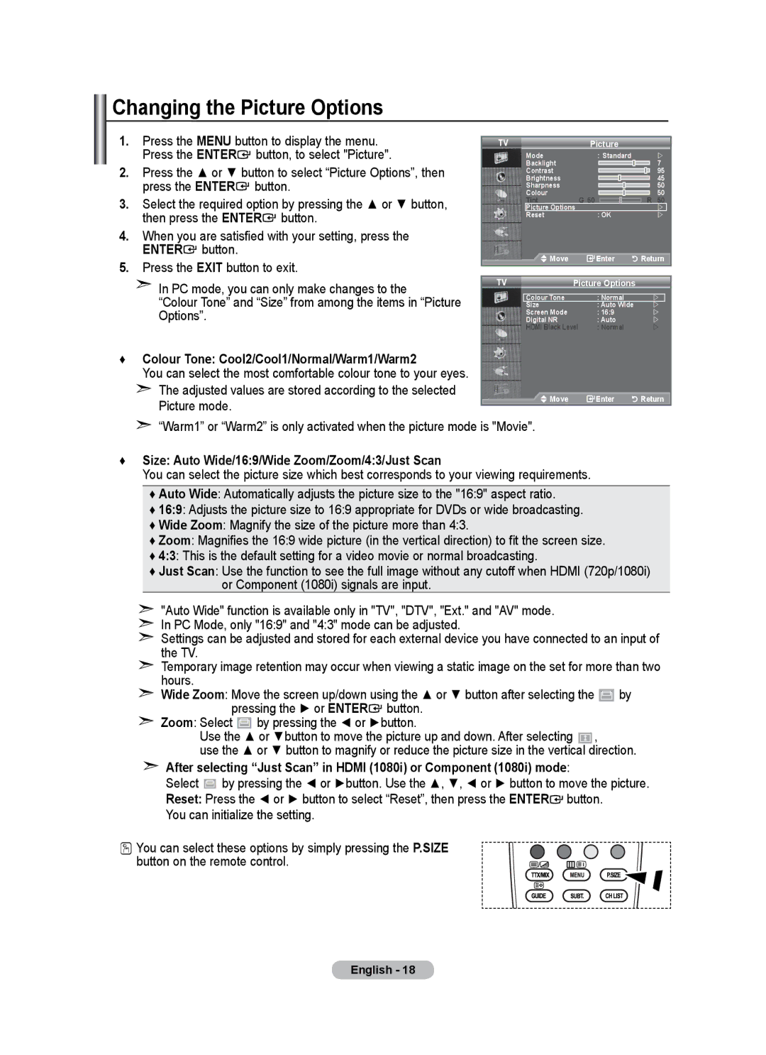 Samsung LE26A346 user manual Changing the Picture Options, Colour Tone Cool2/Cool1/Normal/Warm1/Warm2 