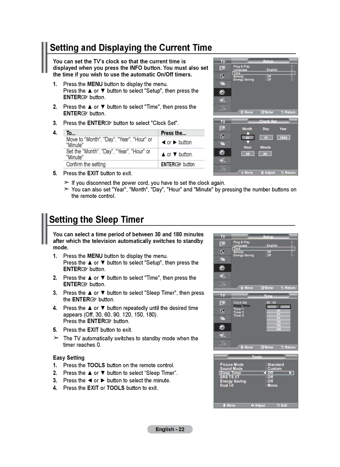 Samsung LE26A346 user manual Setting and Displaying the Current Time, Setting the Sleep Timer, Press 