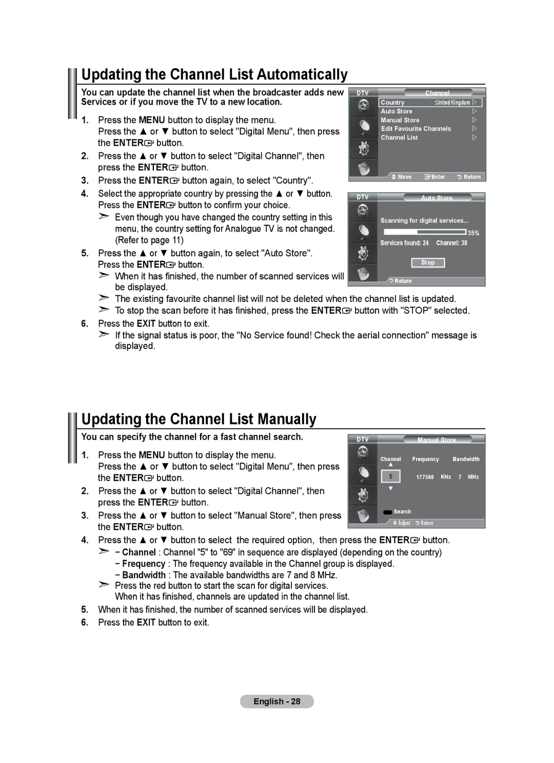 Samsung LE26A346 user manual Updating the Channel List Manually, Services or if you move the TV to a new location, Enter 