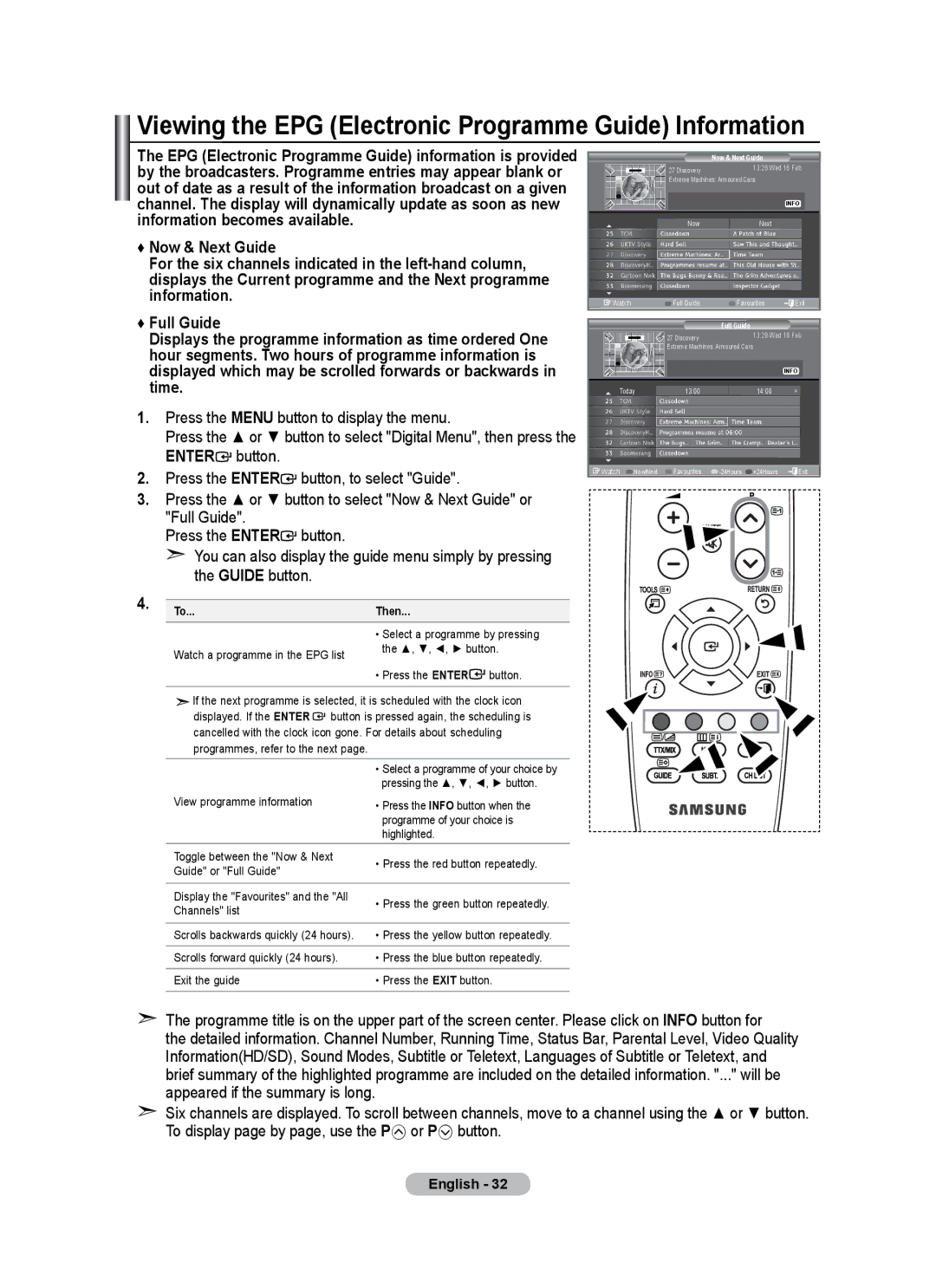 Samsung LE26A346 user manual Viewing the EPG Electronic Programme Guide Information, Then 