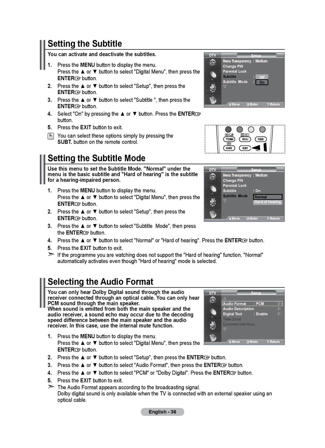 Samsung LE26A346 Setting the Subtitle Mode, Selecting the Audio Format, You can activate and deactivate the subtitles 