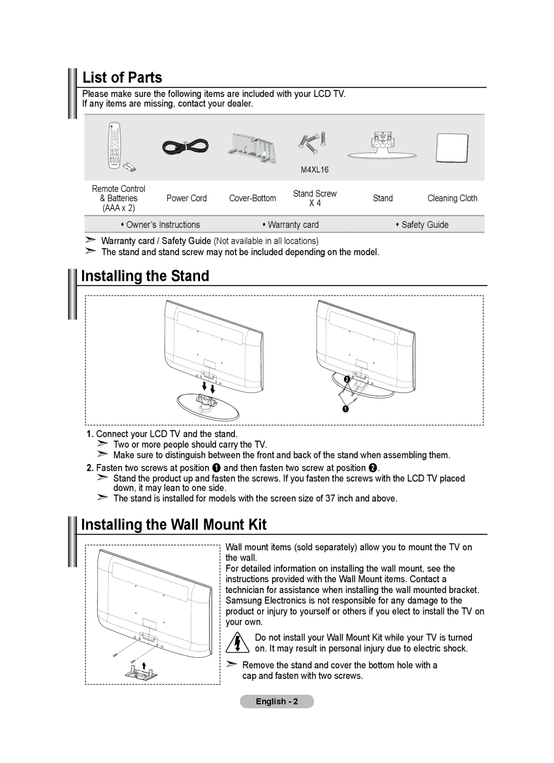 Samsung LE26A346 user manual List of Parts, Installing the Stand, Installing the Wall Mount Kit 