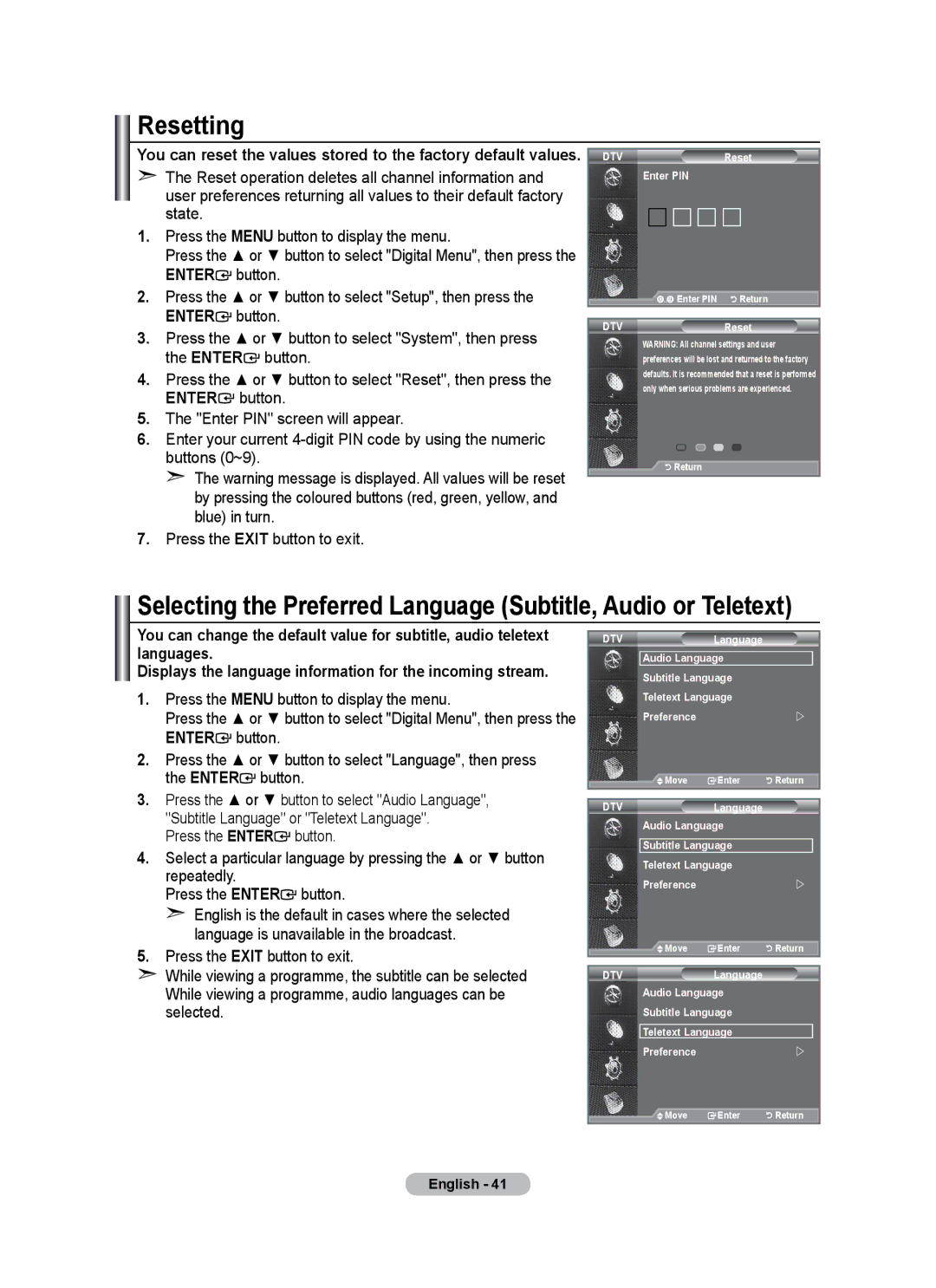 Samsung LE26A346 user manual Resetting, Selecting the Preferred Language Subtitle, Audio or Teletext 