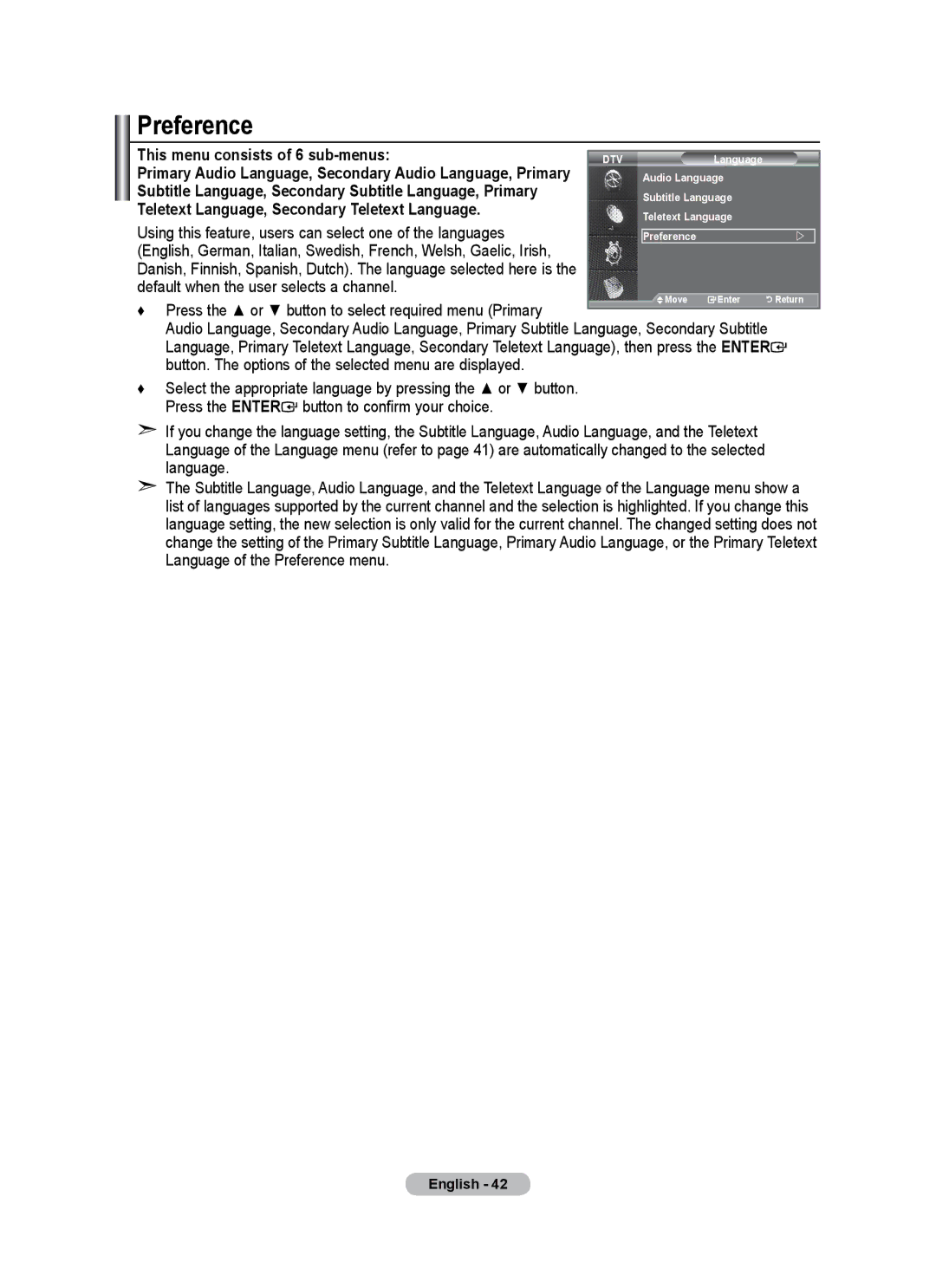 Samsung LE26A346 user manual Preference, This menu consists of 6 sub-menus 