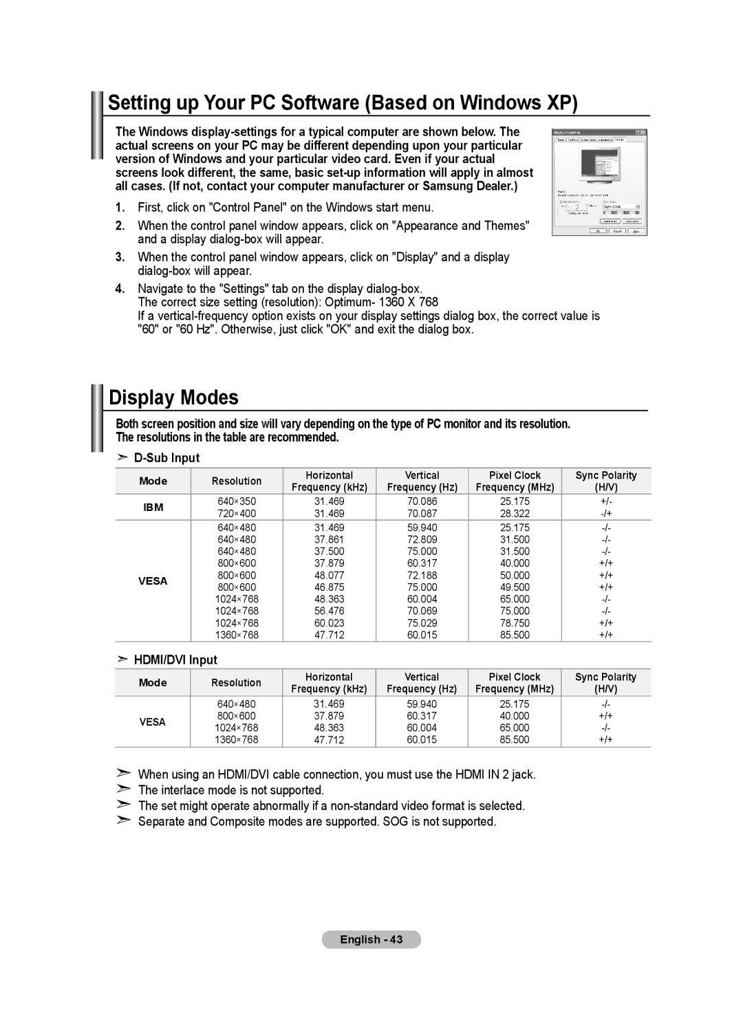 Samsung LE26A346 user manual Setting up Your PC Software Based on Windows XP, Display Modes, Sub Input, HDMI/DVI Input 