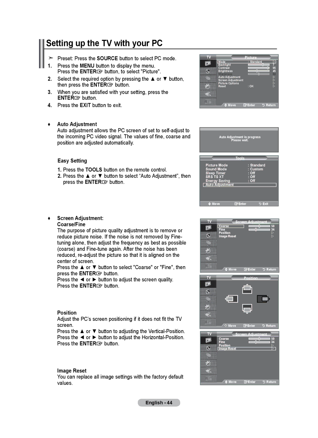 Samsung LE26A346 Setting up the TV with your PC, Preset Press the Source button to select PC mode, Auto Adjustment 