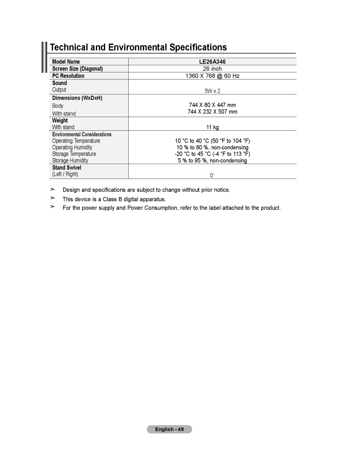 Samsung LE26A346 user manual Technical and Environmental Specifications 