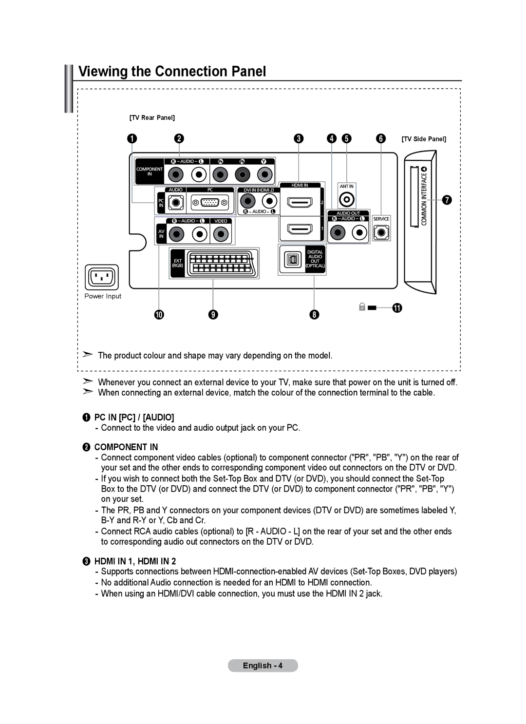 Samsung LE26A346 Viewing the Connection Panel, PC in PC / Audio, Connect to the video and audio output jack on your PC 