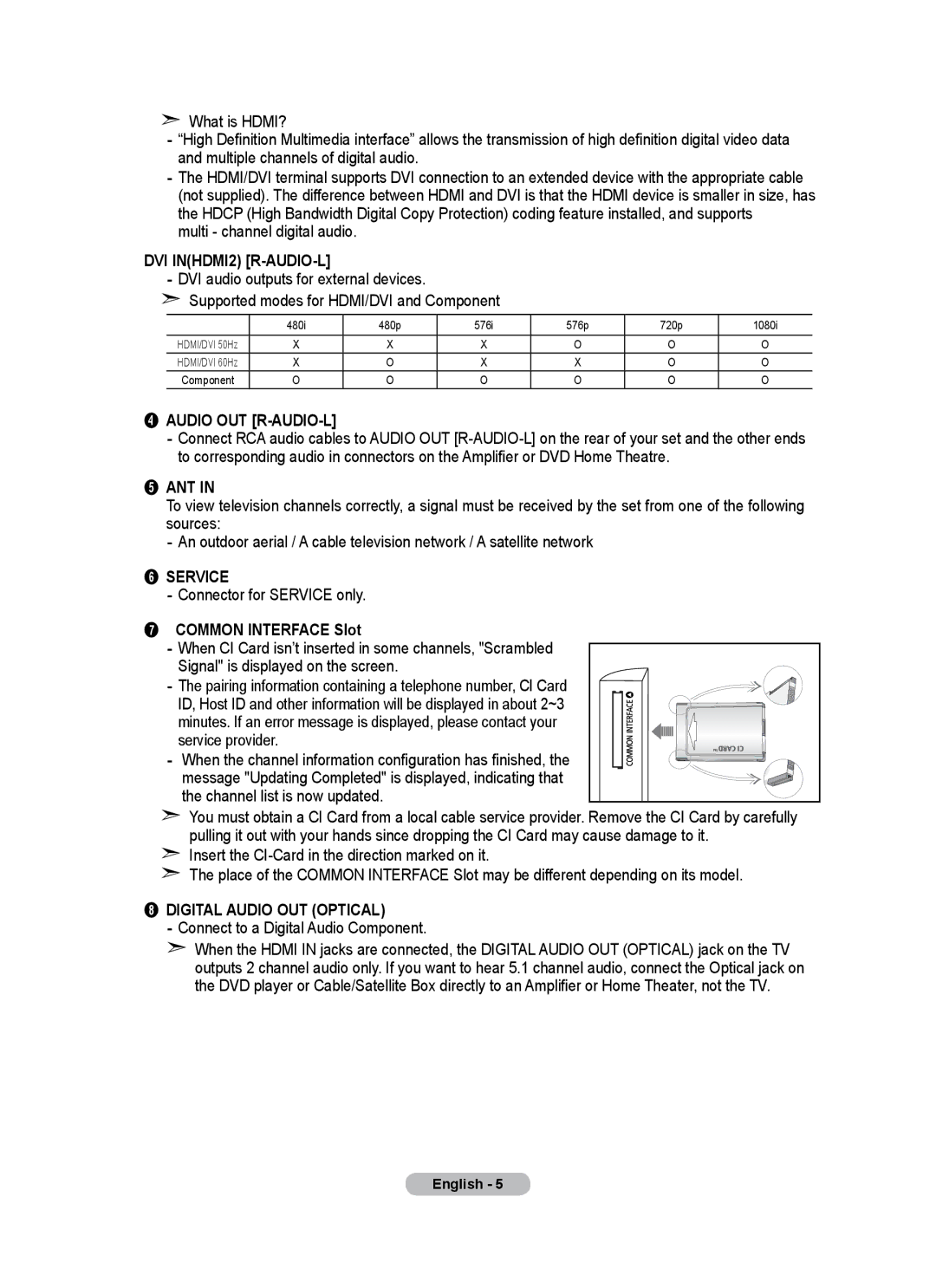 Samsung LE26A346 user manual Multi channel digital audio, Connector for Service only, Common Interface Slot 