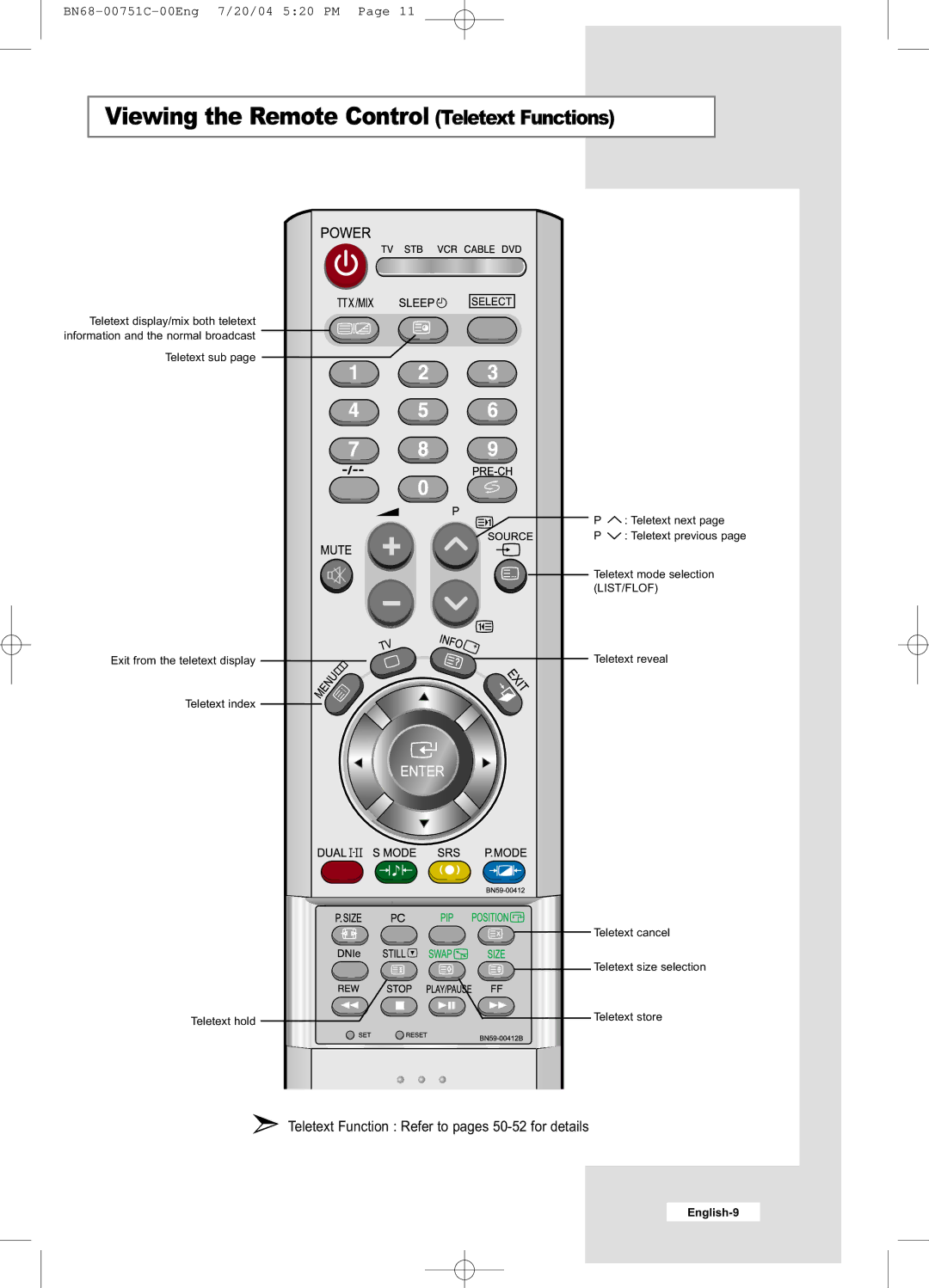 Samsung LE32A41B, LE26A41B manual Viewing the Remote Control Teletext Functions 