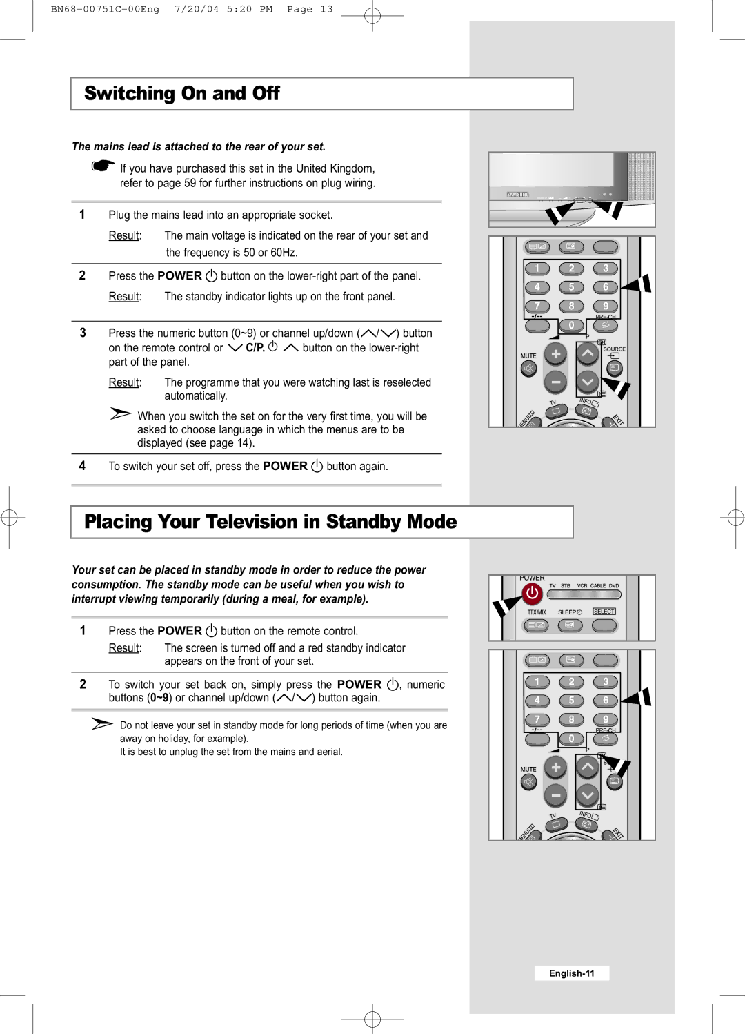 Samsung LE32A41B, LE26A41B manual Switching On and Off, Placing Your Television in Standby Mode 