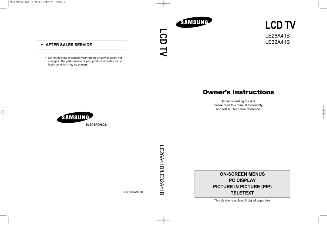 Samsung LE26A41B, LE32A41B manual Lcd Tv 